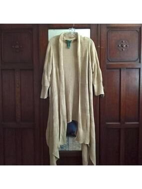 LAUREN RL GOLD SPARKLE Sweater Long OS Cardicoat Cotton Open Front Exclusive